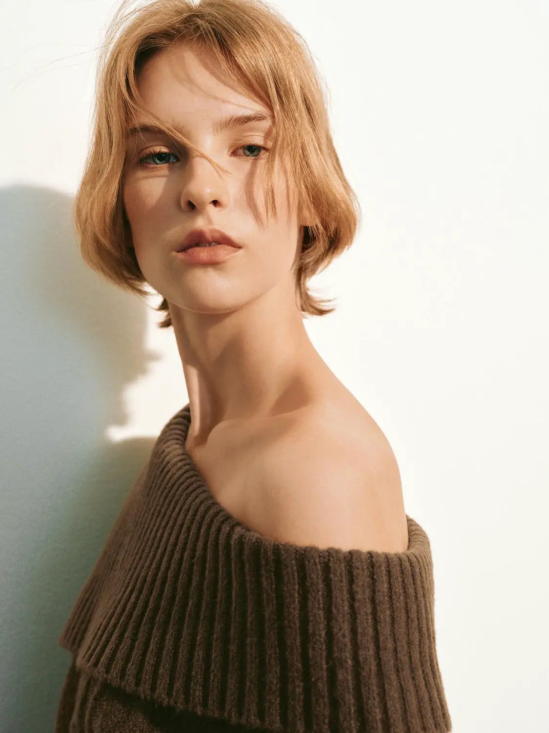 Knitted T-Shirts, brown ribbed knit off-shoulder top.