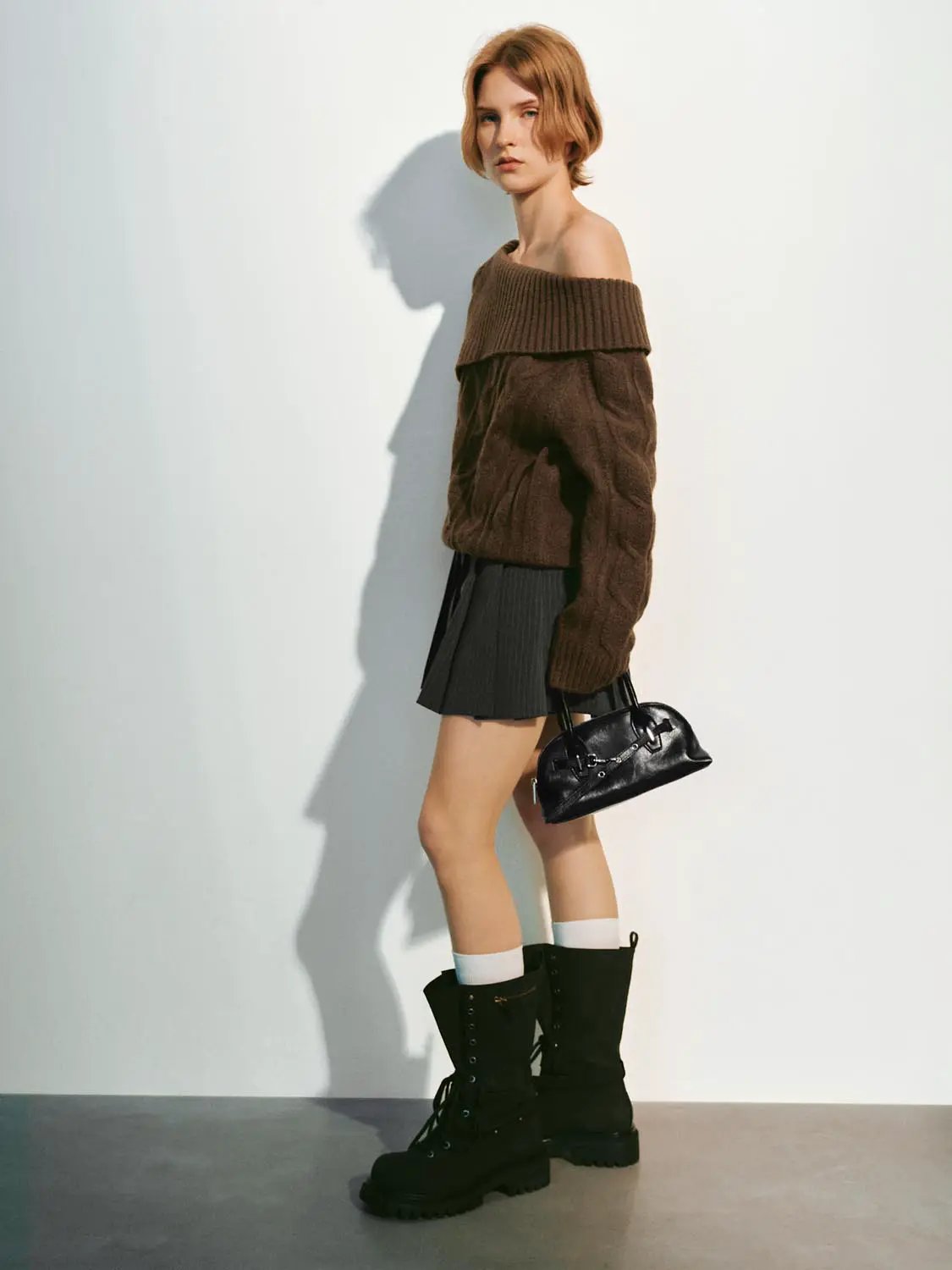 Knitted T-Shirts brown oversized off-shoulder sweater with chunky rib collar