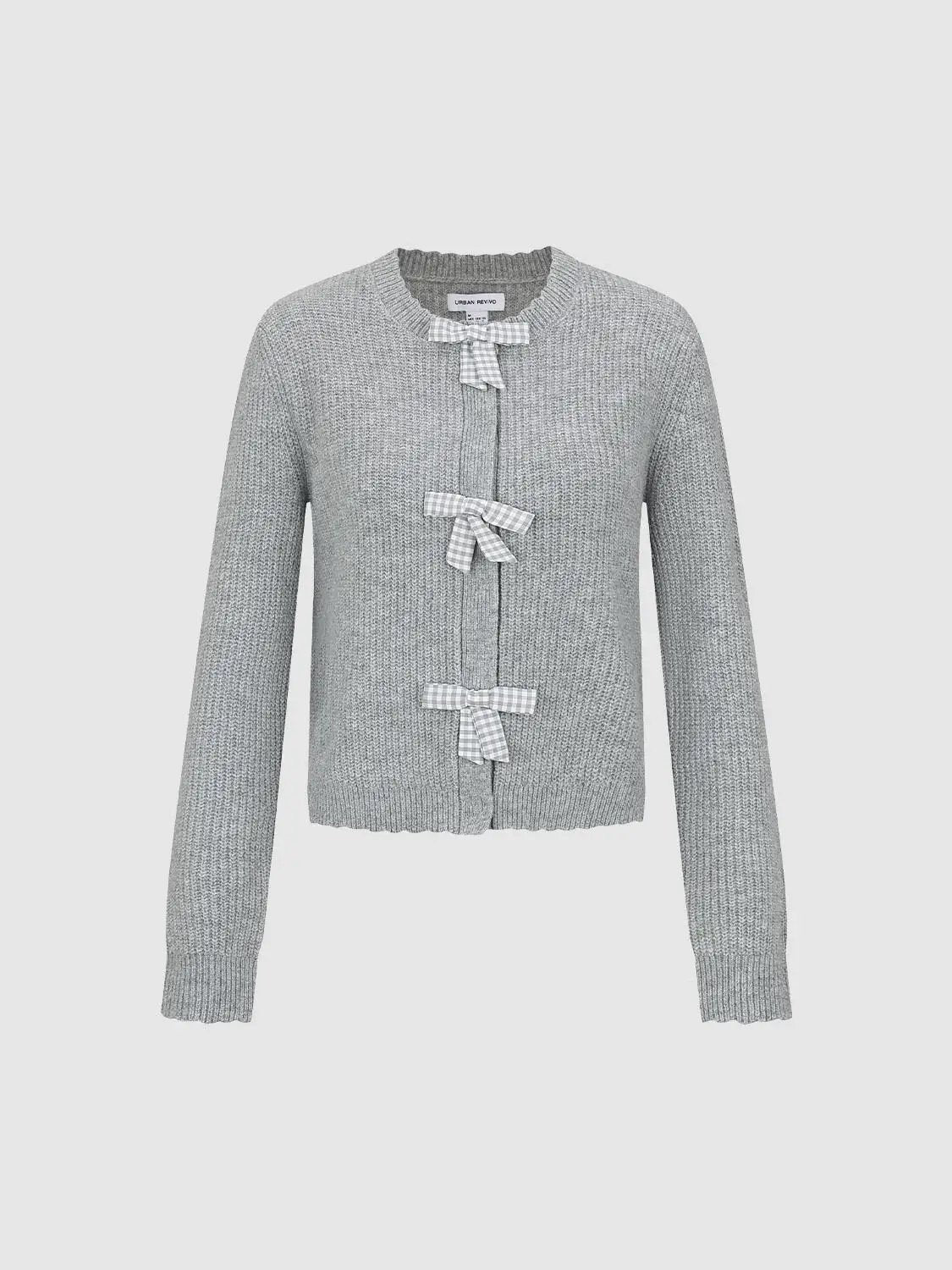 Urban Revivo gray knitted cardigan with three checkered bow closures