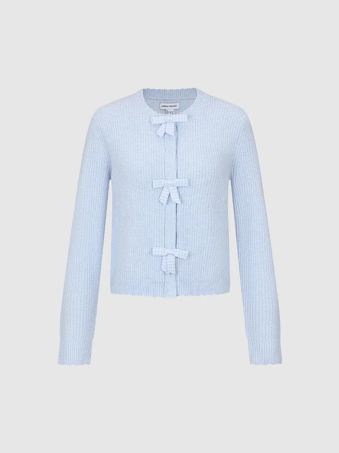 Knitted cardigan in light blue with three bow closures and ribbed cuffs, Urban Revivo Fashion.