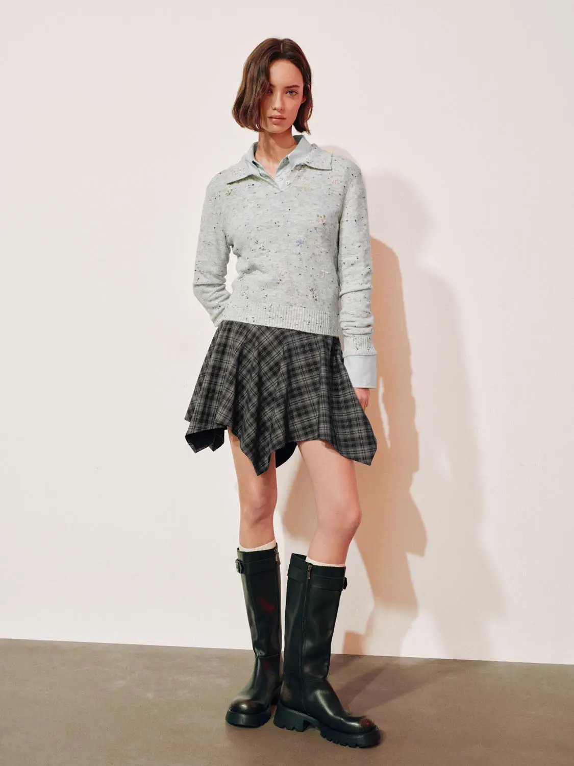 Embroidered floral knit polo-collar long-sleeve sweater; light gray speckled knit.