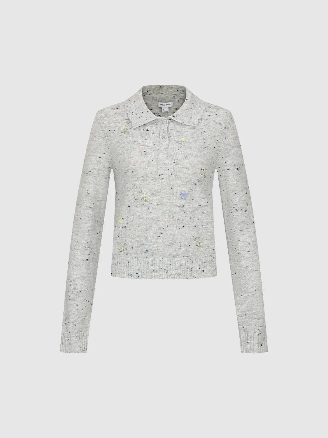 Embroidered floral knit polo-collar long-sleeve sweater in heather gray by Urban Revivo.