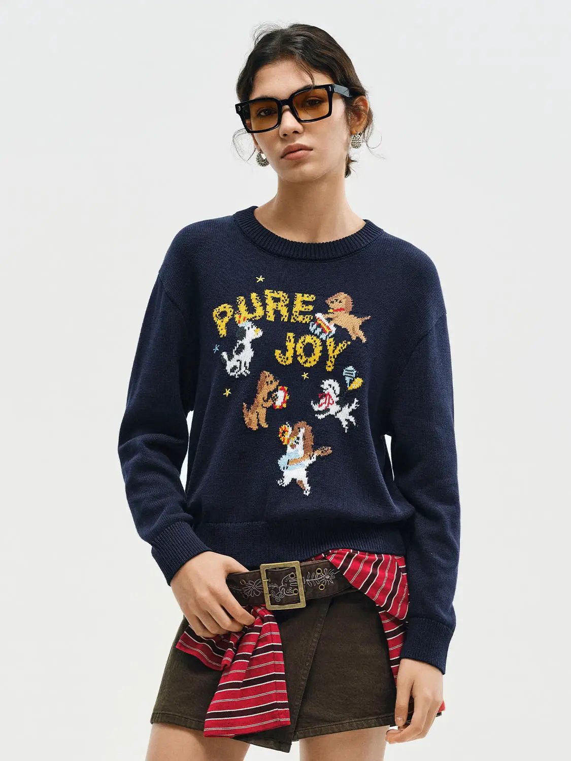 Knitted T-shirt in navy with playful dog graphic and PURE JOY lettering.