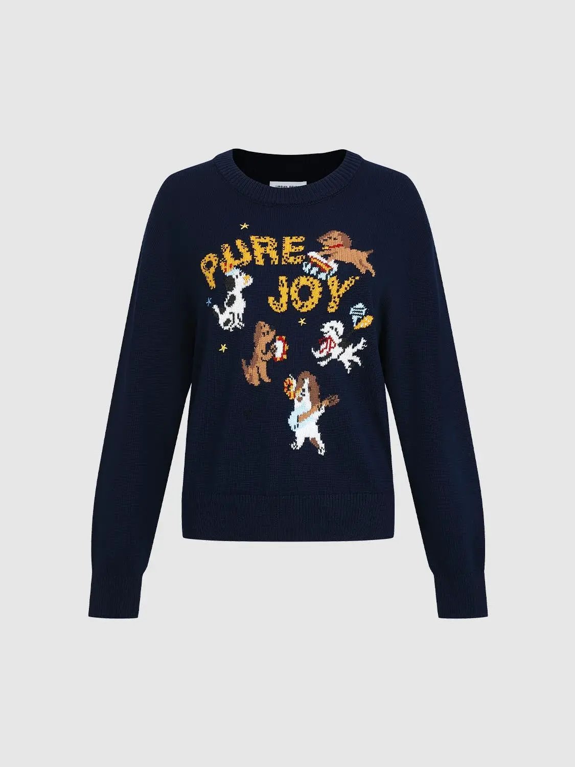 Knit navy blue sweater with playful dog illustrations and Pure Joy lettering