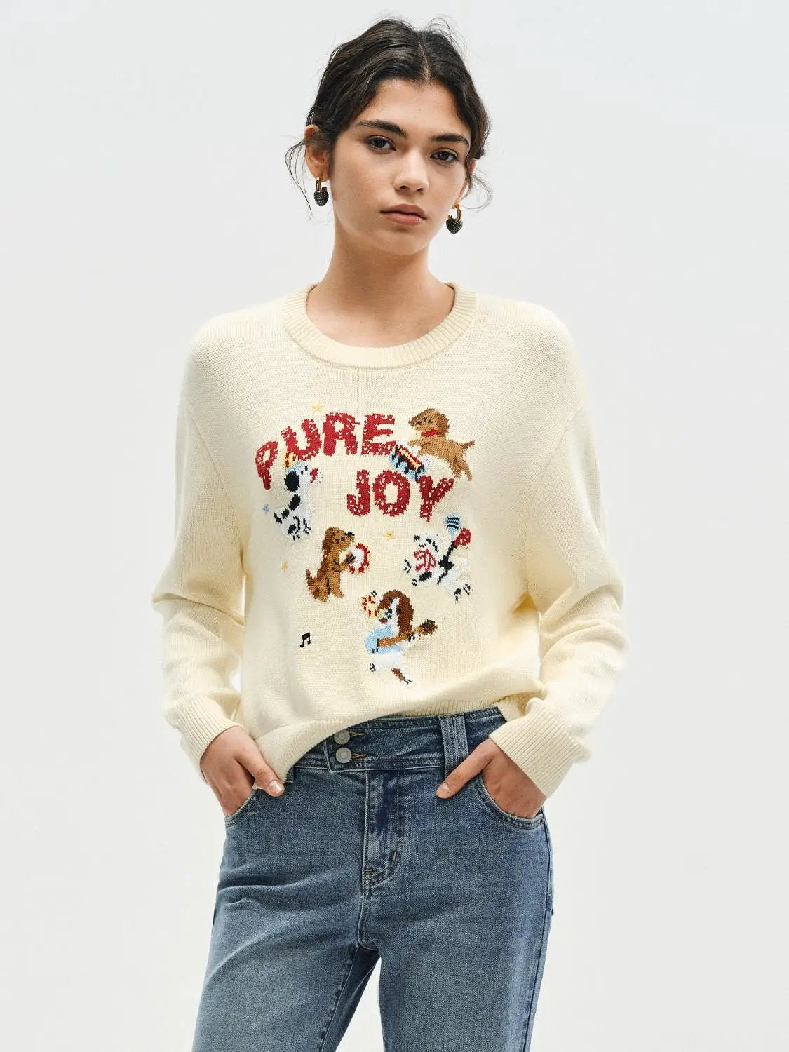Cream knitted sweater with festive dog print and Pure Joy lettering
