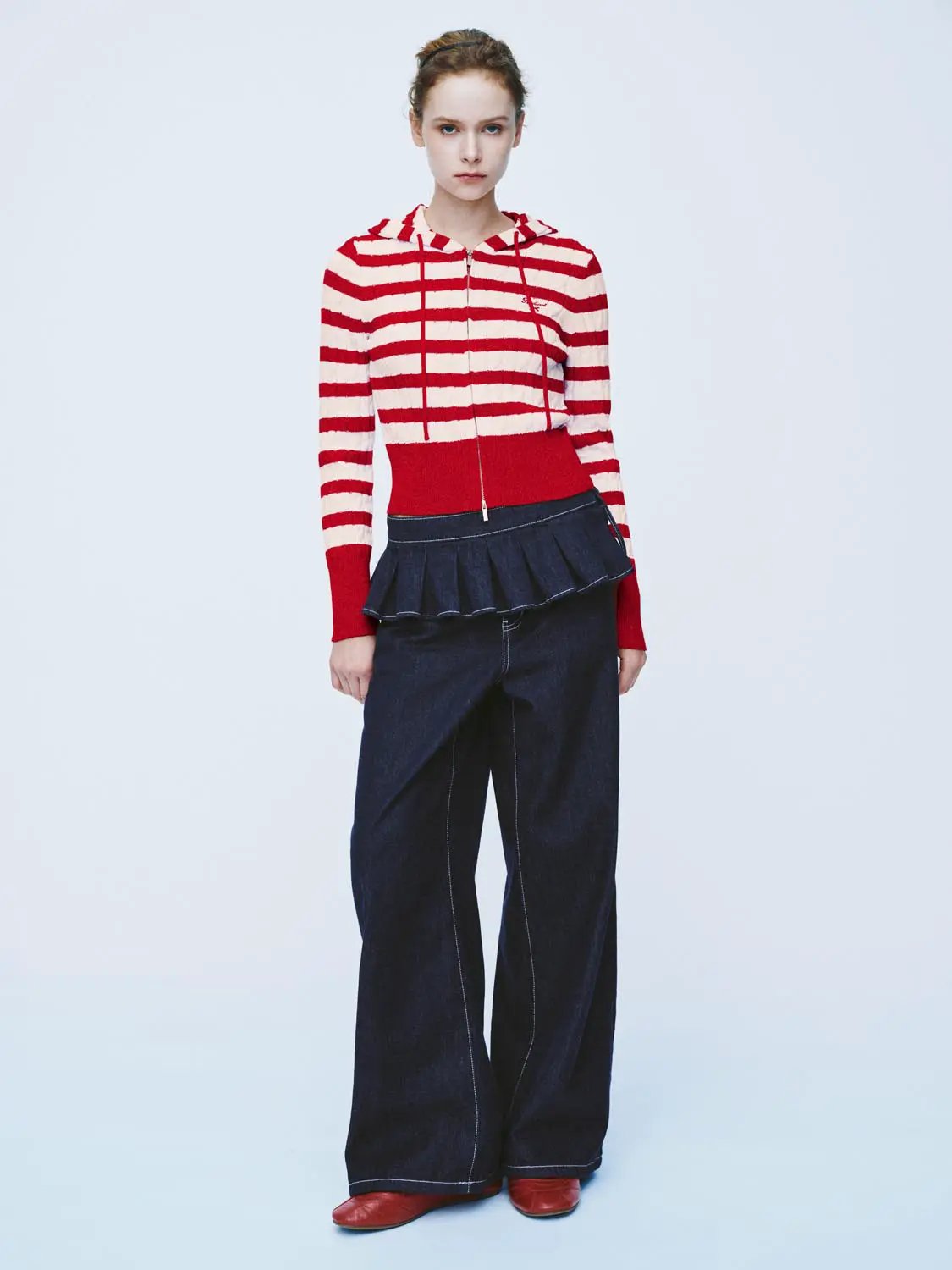 Knitted cardigan by Urban Revivo Fashion; red and white striped hoodie-style knit with zip front