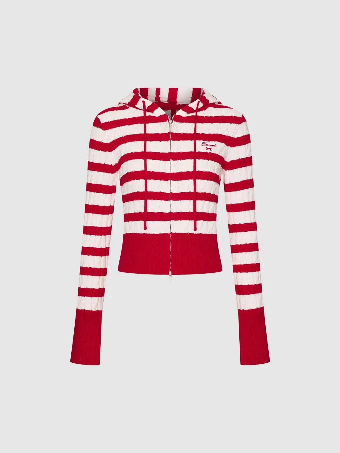 Knitted cardigan in red and white stripes with zip front and hood, ribbed hem, Urban Revivo Fashion.