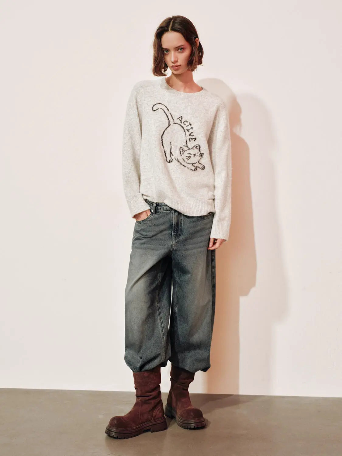 Knit T-Shirt by Urban Revivo Fashion, light gray knit with cat graphic.