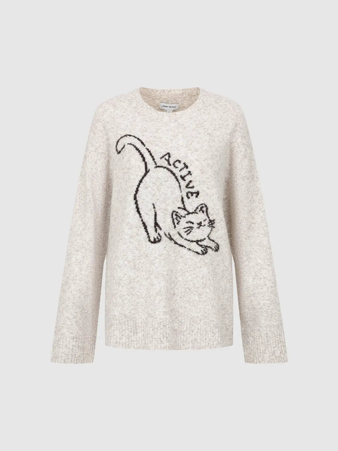 Knit T-Shirt, cream knit with black cat graphic, Urban Revivo Fashion.