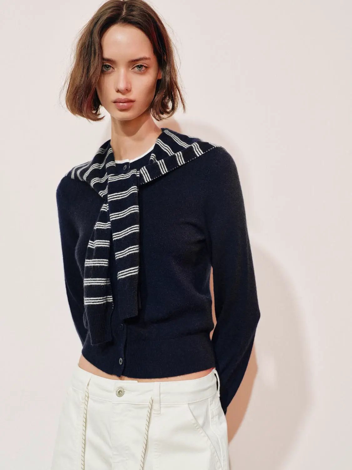 Knit Striped Shawl Front Cardigan in navy with white striped scarf draped over shoulders by Urban Revivo Fashion