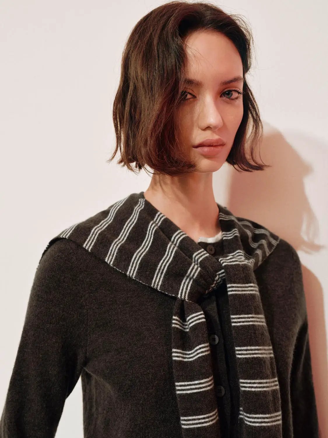 Knit striped shawl-collar cardigan with button front in dark brown, long sleeves, Urban Revivo Fashion.