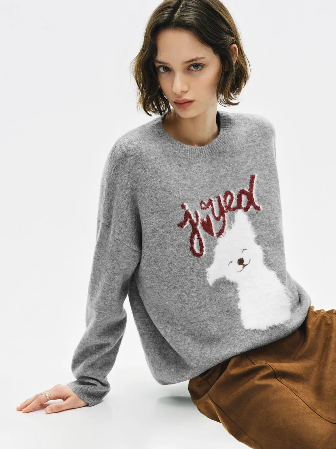 Knitwear T-shirt by Urban Revivo Fashion in grey heather with a white fluffy dog graphic
