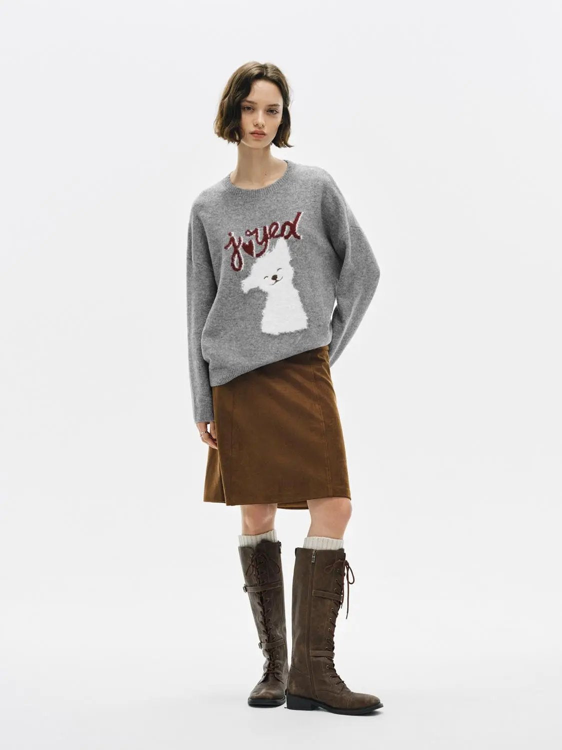 Knitwear T-shirt by Urban Revivo Fashion in grey knit with white dog graphic and red script