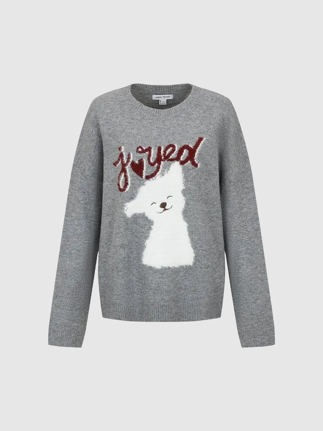 Knitwear T-shirt in grey by Urban Revivo with a white fluffy dog graphic and red script text