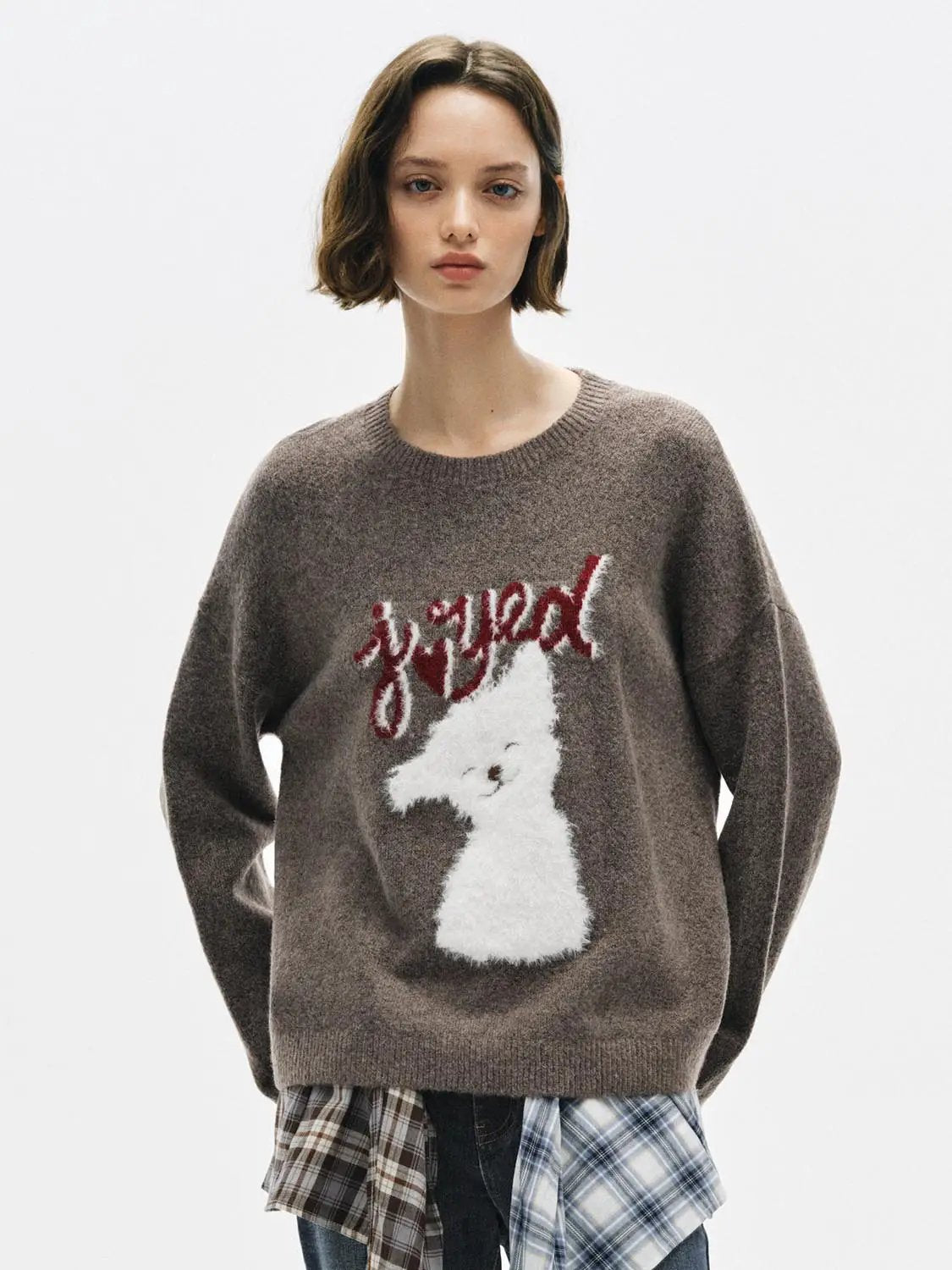 Knitwear T-shirt in brown with a white fluffy dog graphic and red cursive text