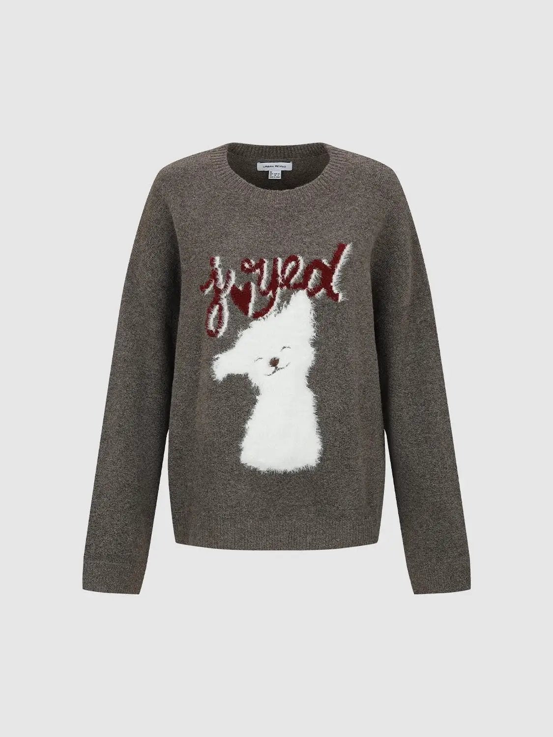 Knitwear T-shirt in heather grey knit with a white fluffy dog graphic and red script, Urban Revivo Fashion