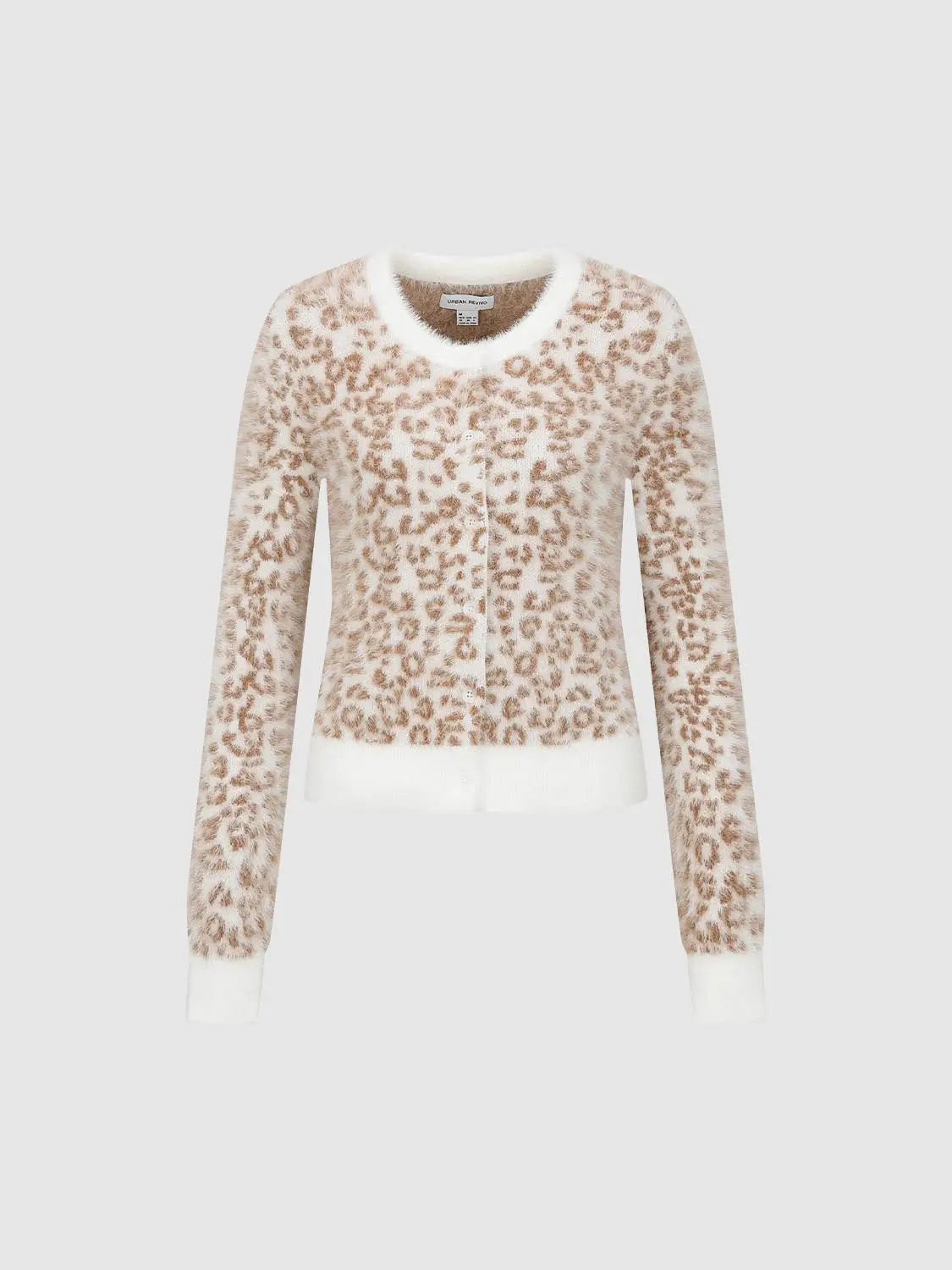 Knit Jacket by Urban Revivo Fashion; beige leopard-print fluffy cardigan with white ribbed cuffs and hem.