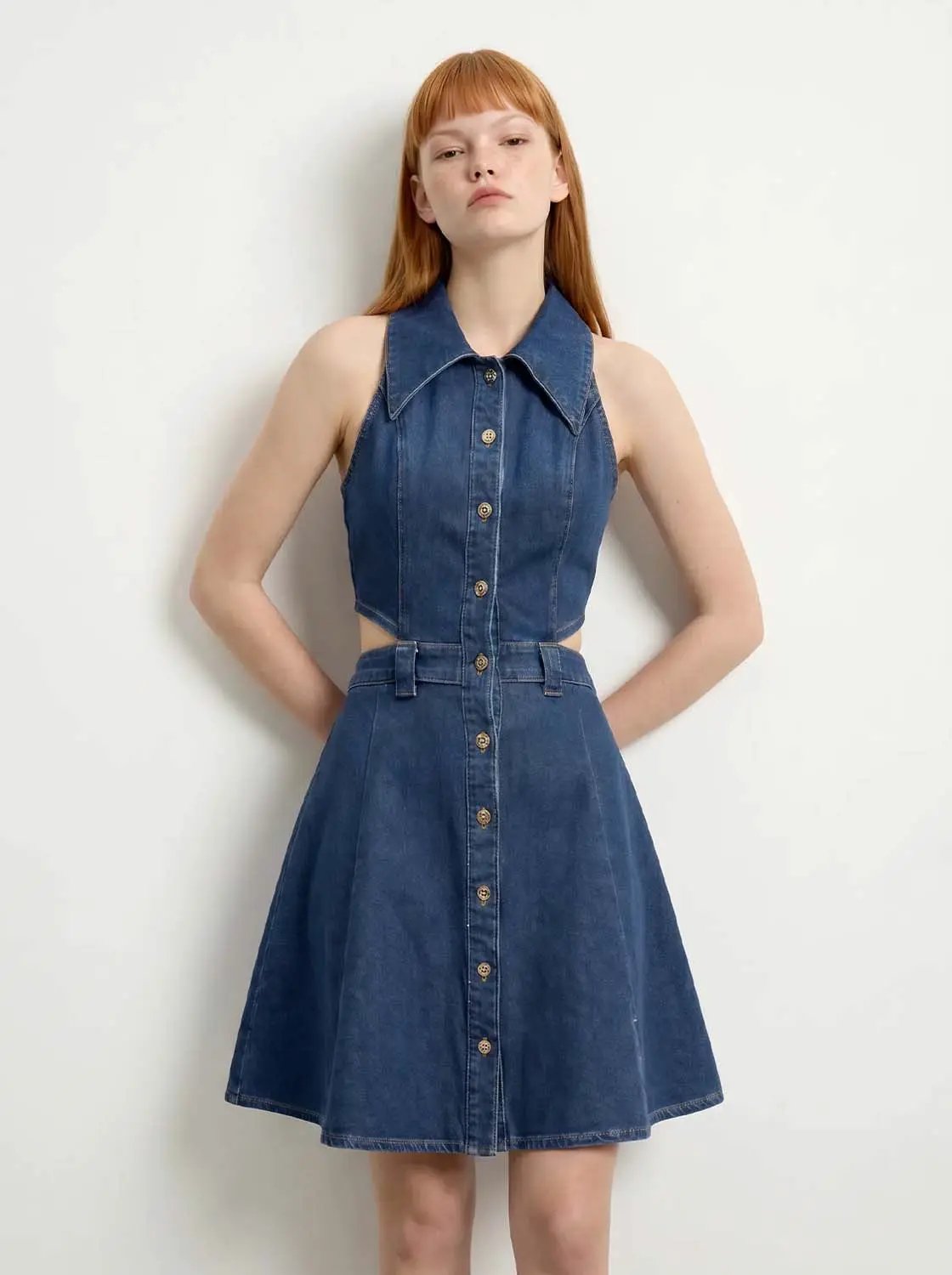 Sleeveless Shirt Collar Cutout Button Front Mini Denim Dress, Blue / S