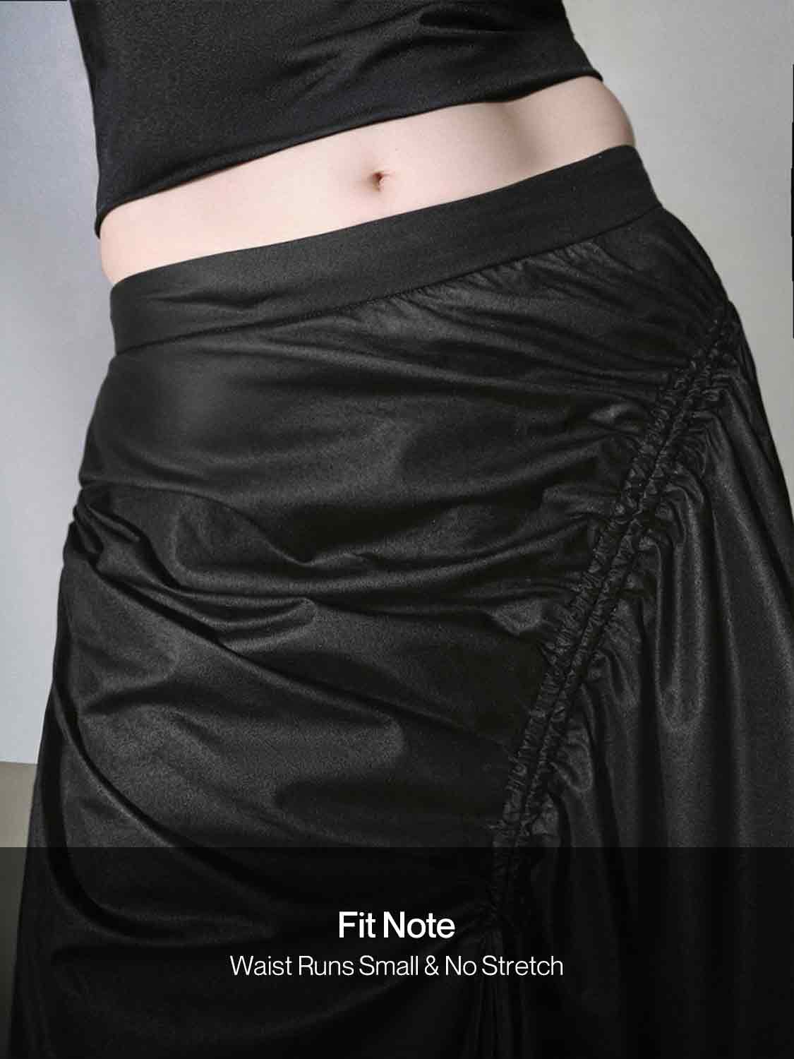 High-waisted ruched drawstring A-line cotton skirt with side slit, black