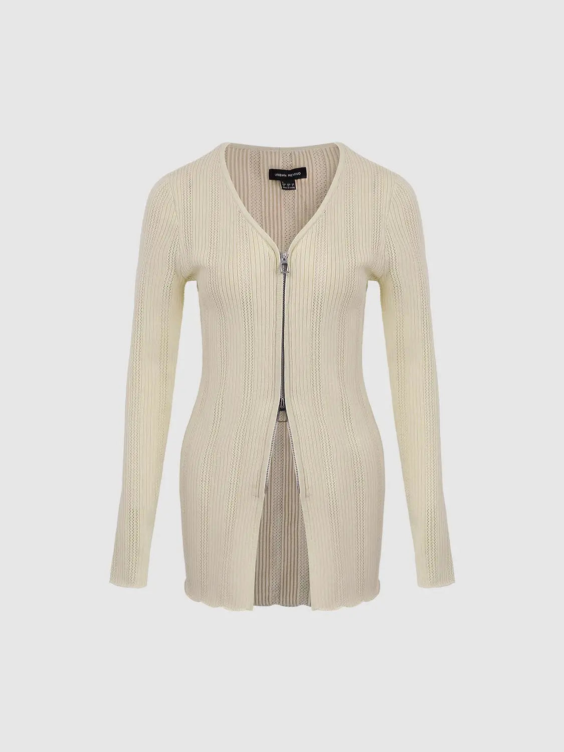 Zip Up Front Knitted Cardigans by Urban Revivo Fashion, cream long-sleeve knit with silver zipper.