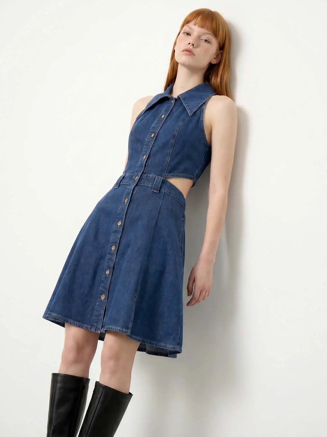 Cotton stretchable denim cut-out sleeveless button-front dress, blue denim, Urban Revivo Fashion
