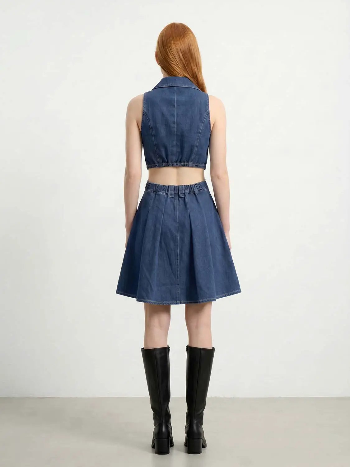 Cotton stretchable denim cut-out sleeveless button-front dress; blue denim, Urban Revivo Fashion