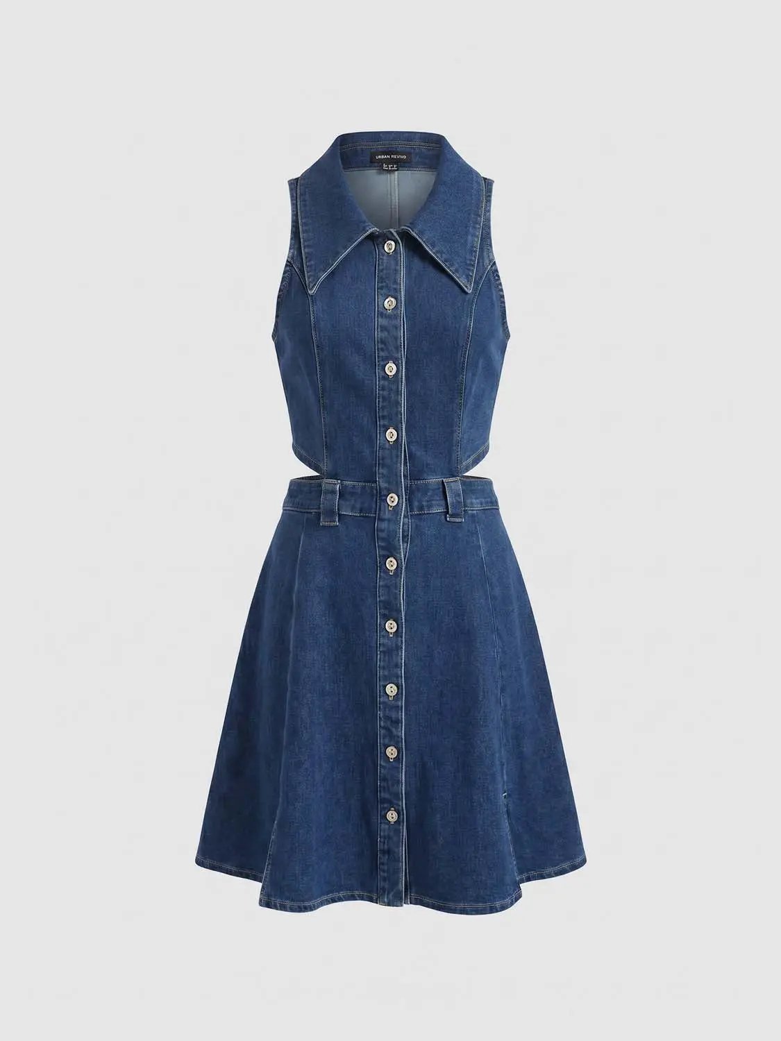 Cotton-stretch denim sleeveless collared dress with button-front closure in blue