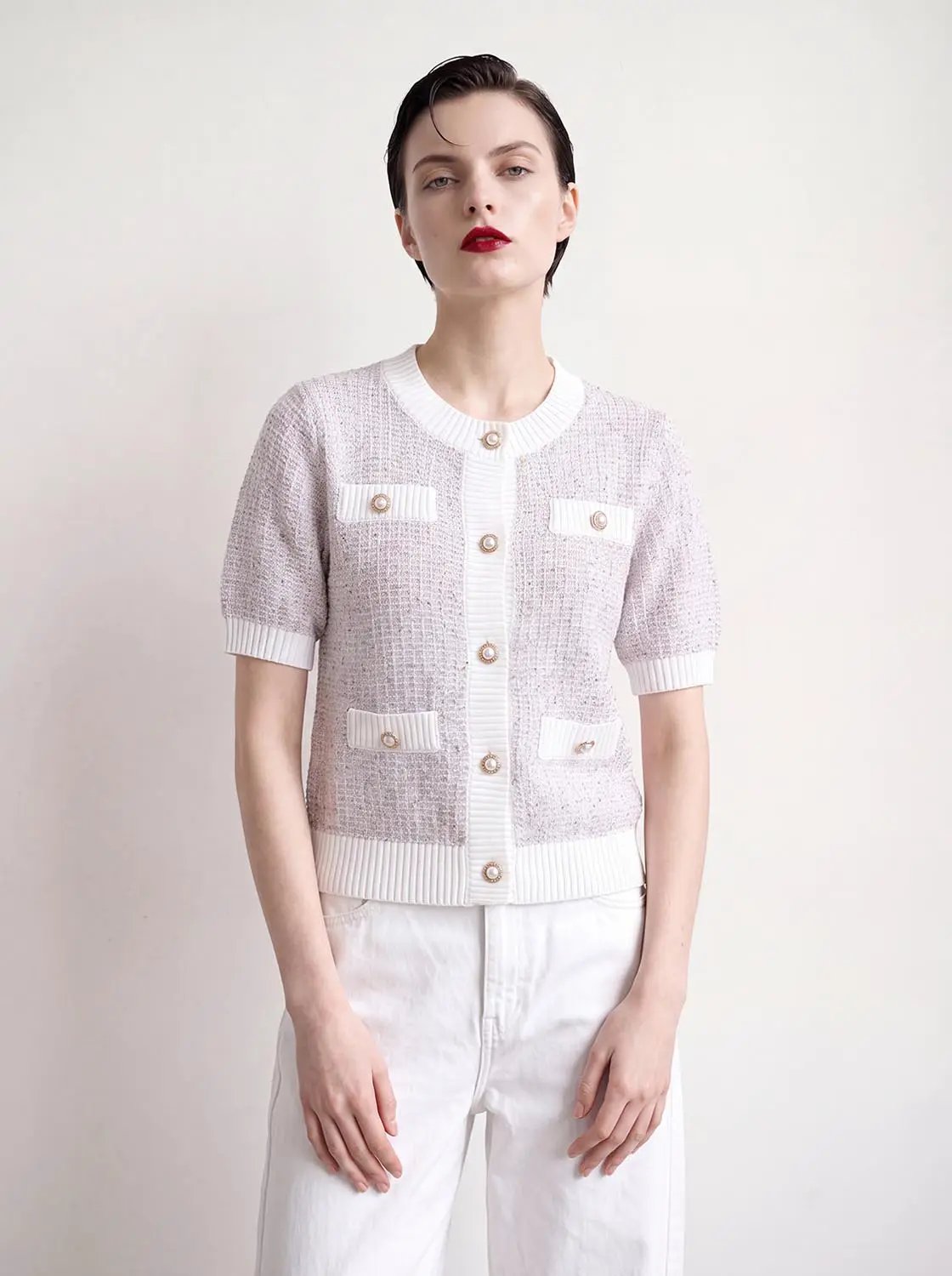 Textured weave cardigan with white contrast trim in pale pink, short-sleeve by Urban Revivo Fashion