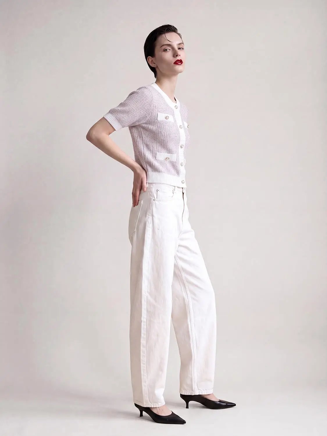 Textured Weave With Contrast Trim Cardigan in pale pink knit with white trim and front pockets