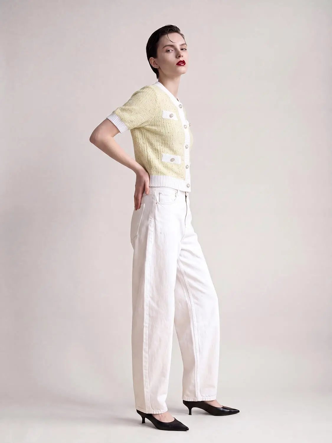 Textured weave knitted cardigan with contrast white trim in pale yellow, Urban Revivo Fashion