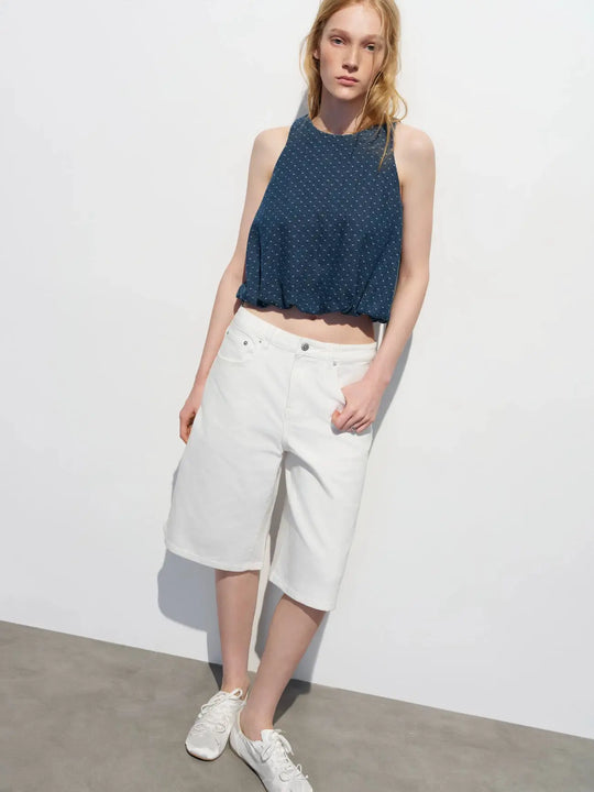 Cotton Dotted Relaxed Slight Stretch Halter Top