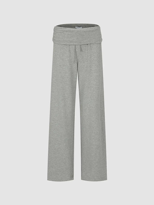 Wide-Leg Fold-Over Waistband Thick Stretch Knit Pants