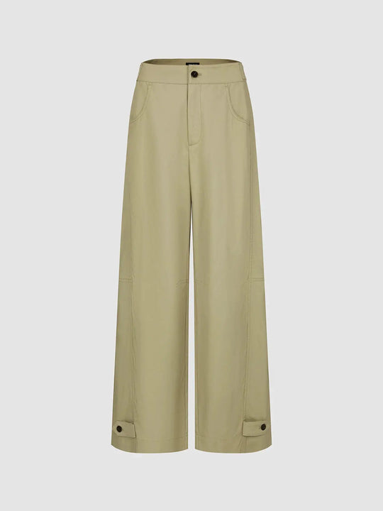 Stretch High Waist Beige Cotton Modal Blend Fabric Wide Leg Pants
