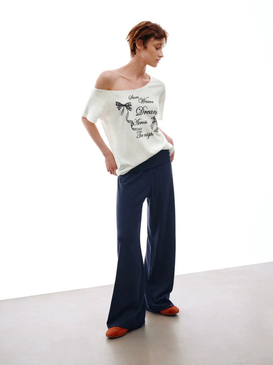 Wide-Leg Fold-Over Waistband Thick Stretch Knit Pants