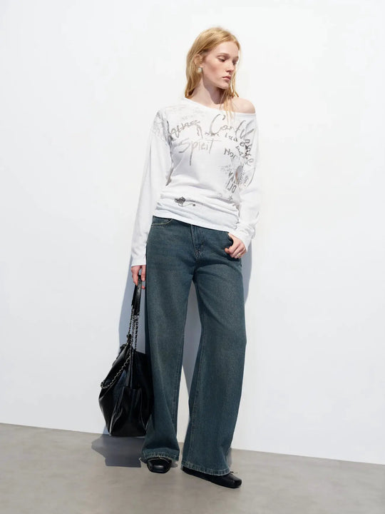 Cotton Graffiti Text Slight Stretch Long Sleeve Top