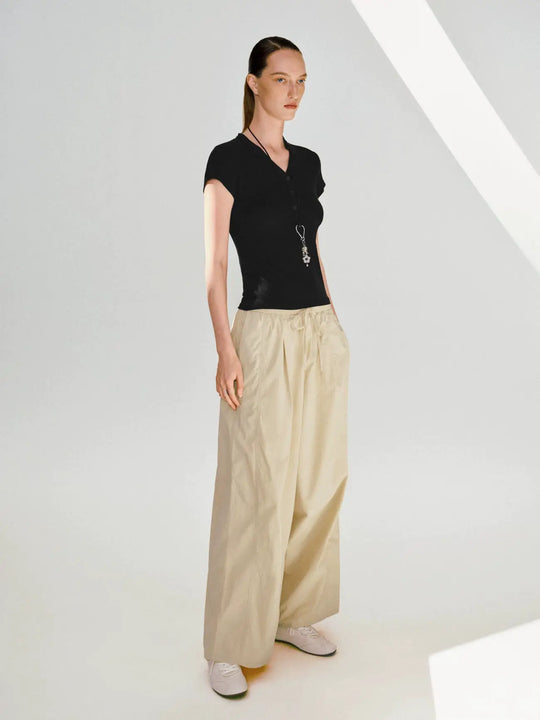 Polyamide Knit V Neck Button Placket Top