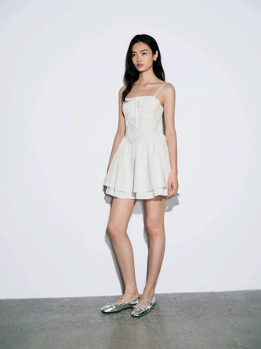 Cotton Ruched Tie Front Spaghetti Strap Dress