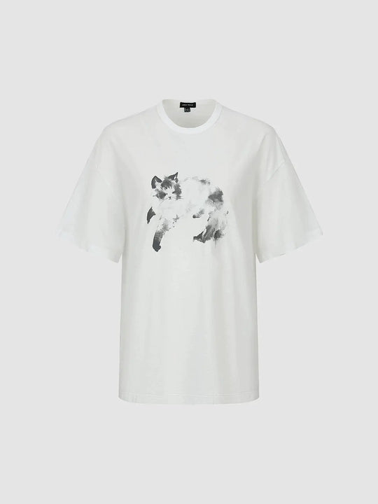 100% Cotton Cat Print Slight Stretch T-Shirts