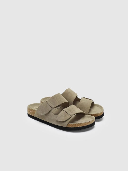 Two Strap Split Leather Upper Cork Footbed Sandals