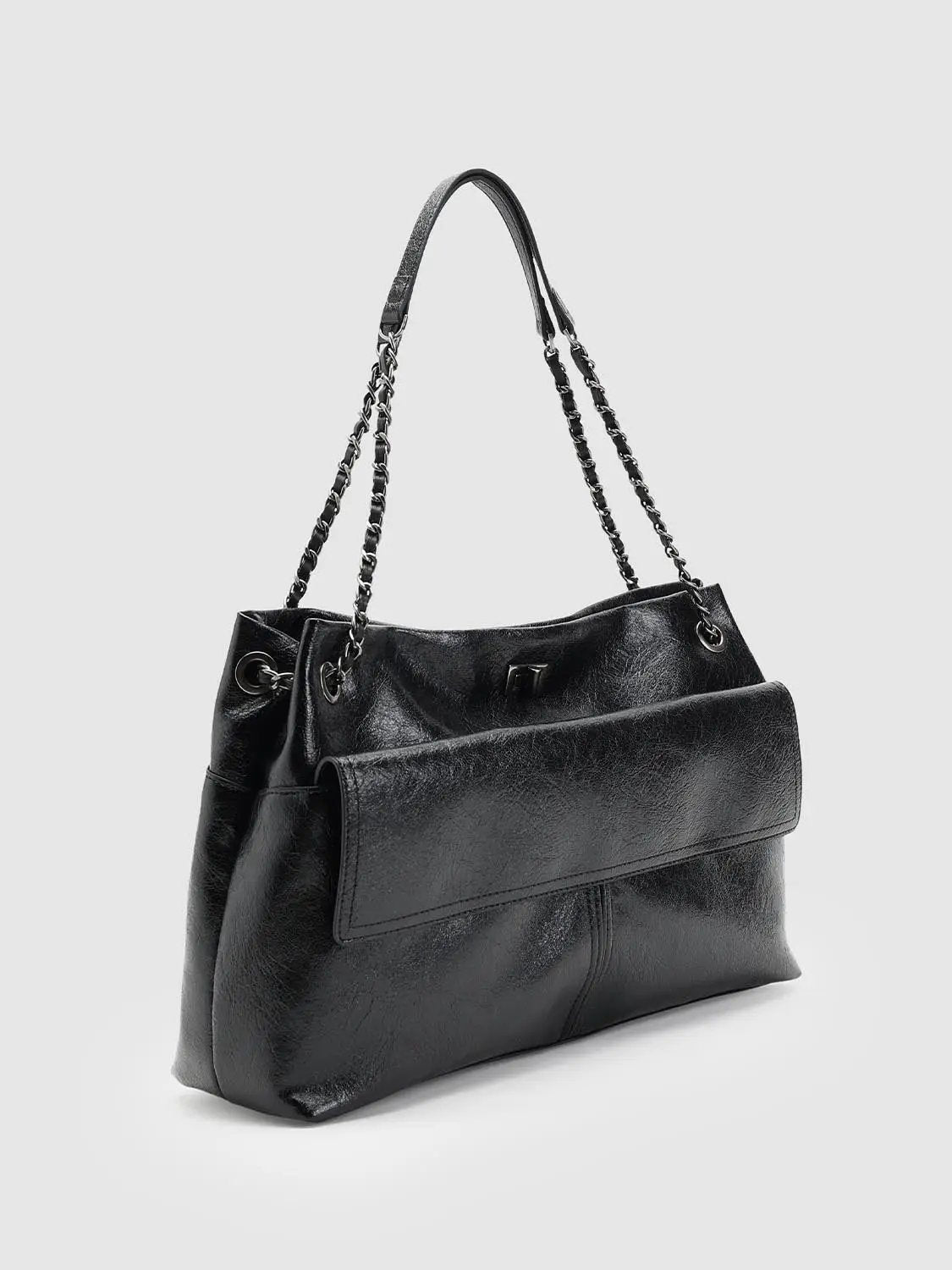 Chain hardware large-capacity faux leather shoulder bag, black with metal chain straps by Urban Revivo Fashion