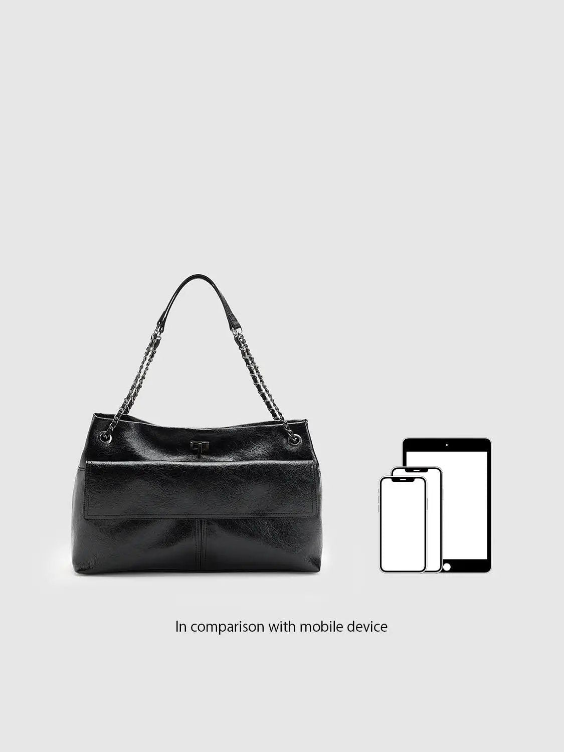 Chain Hardware Large Capacity Faux Leather Shoulder Bag, black with metal chain straps