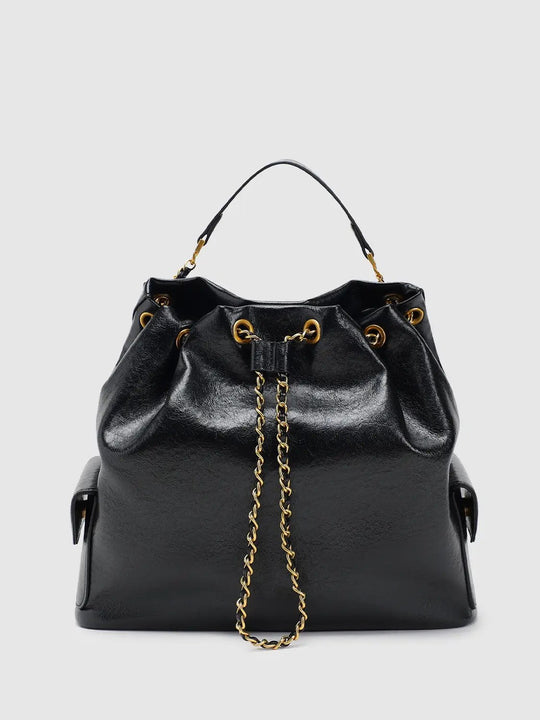 Faux Leather With Gold Chain Drawstring Bucket Bags