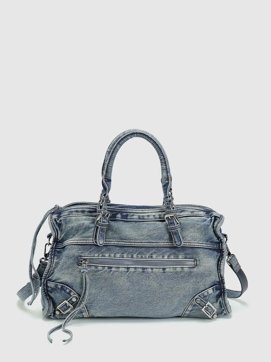 Frayed Edge Washed Tote Front Pocket Denim Bag