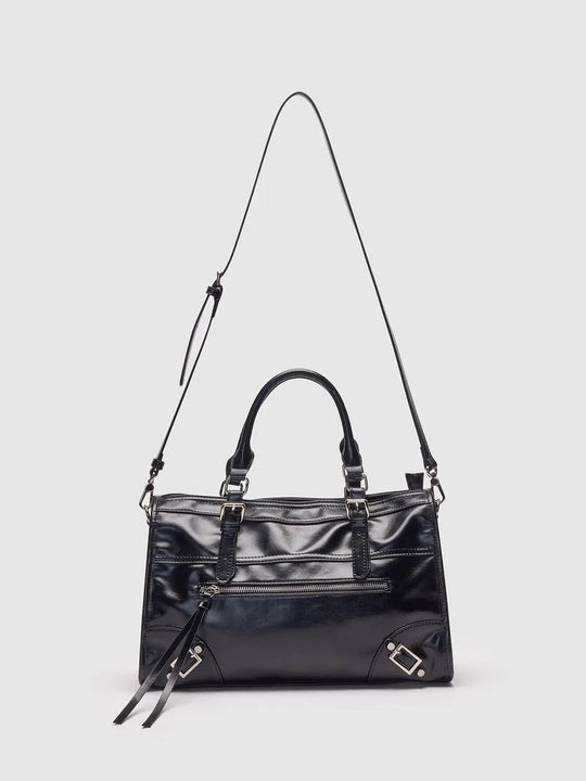 Glossy Black Crossbody Tote Front Zip Pocket Bag