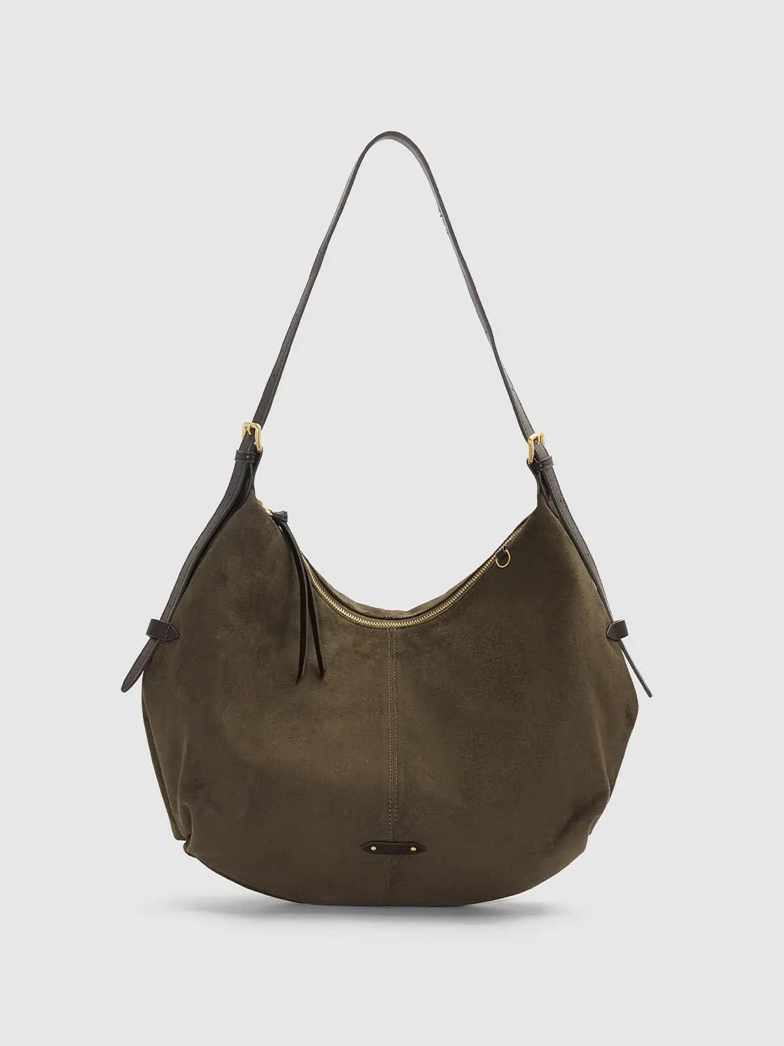 Shoulder & Crossbody Bag in olive-brown suede with dark brown strap and gold hardware