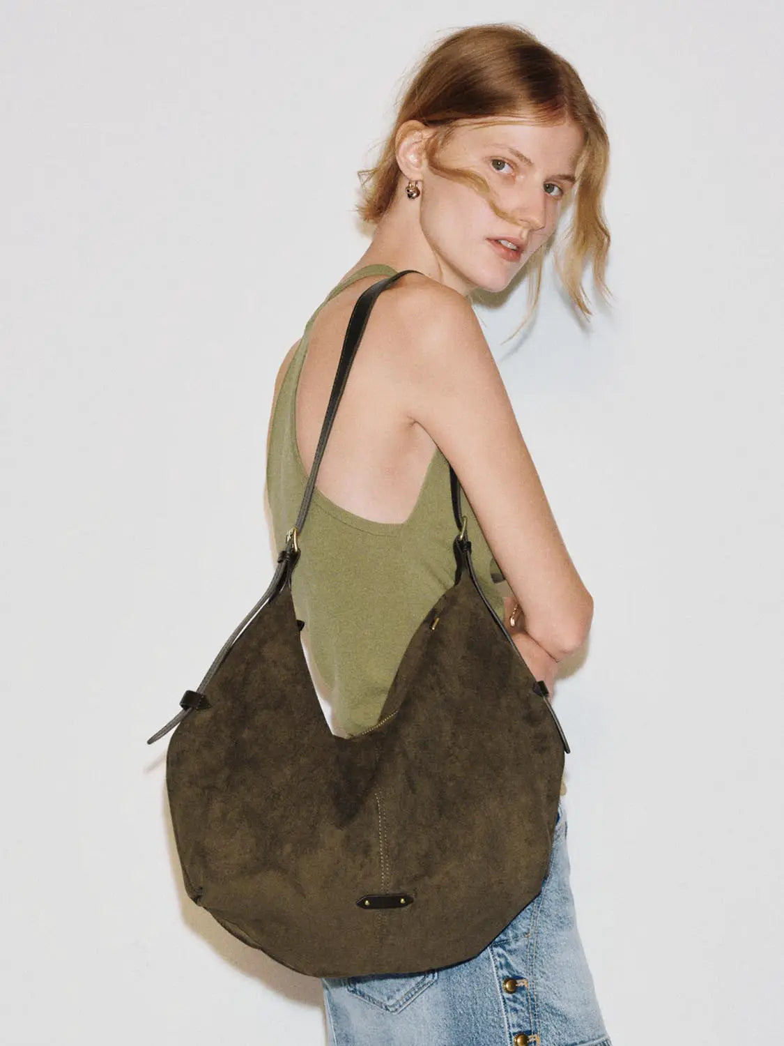 Shoulder & crossbody bag in olive-brown suede with a black strap, Urban Revivo Fashion.