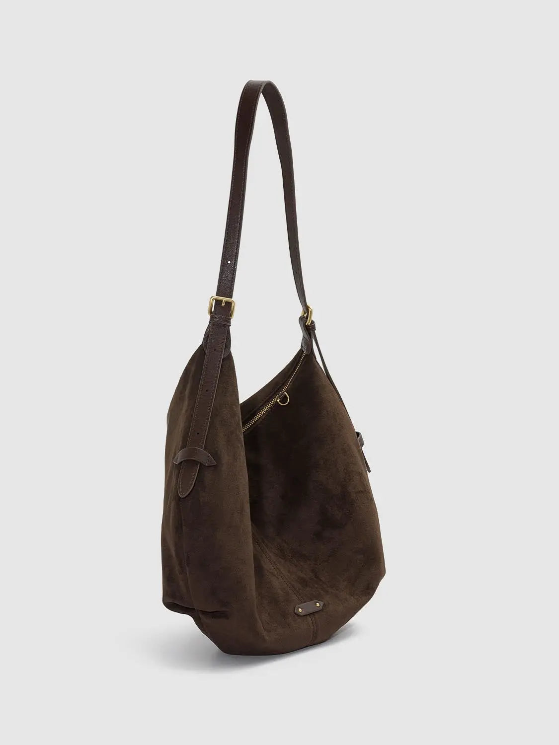 Shoulder & Crossbody Bag in brown suede with a long adjustable strap and gold-tone hardware