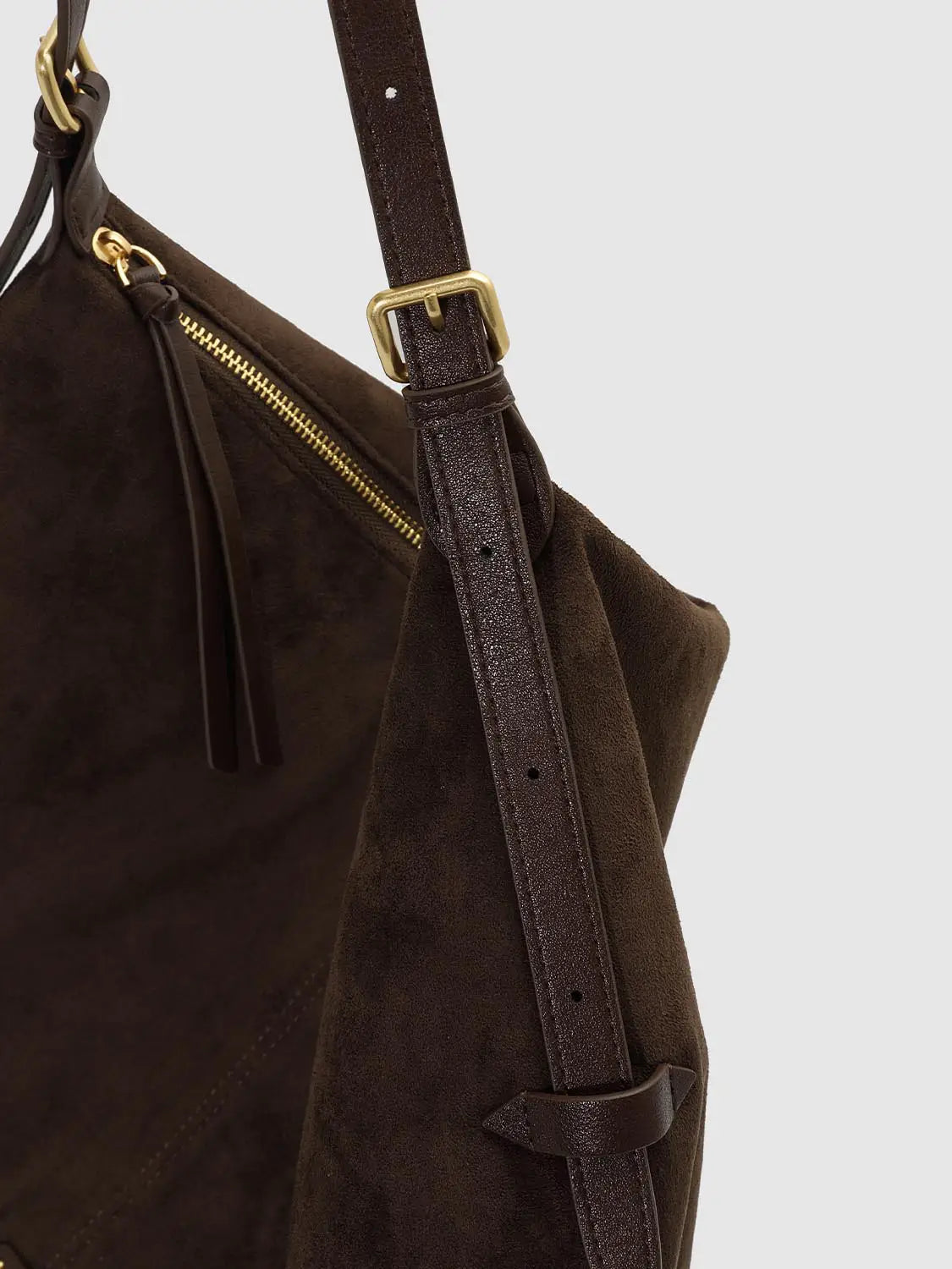 Shoulder & Crossbody Bag in brown suede with gold-tone hardware and adjustable strap.