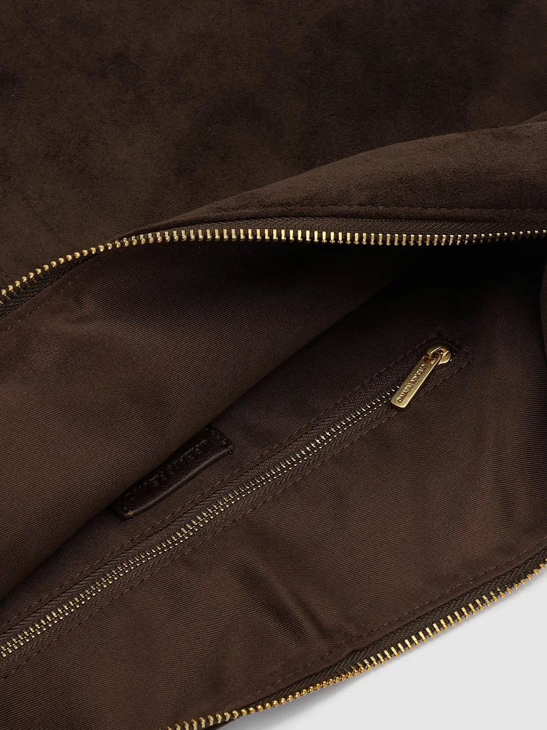 Shoulder & Crossbody Bag by Urban Revivo Fashion in brown suede with gold-tone zipper.