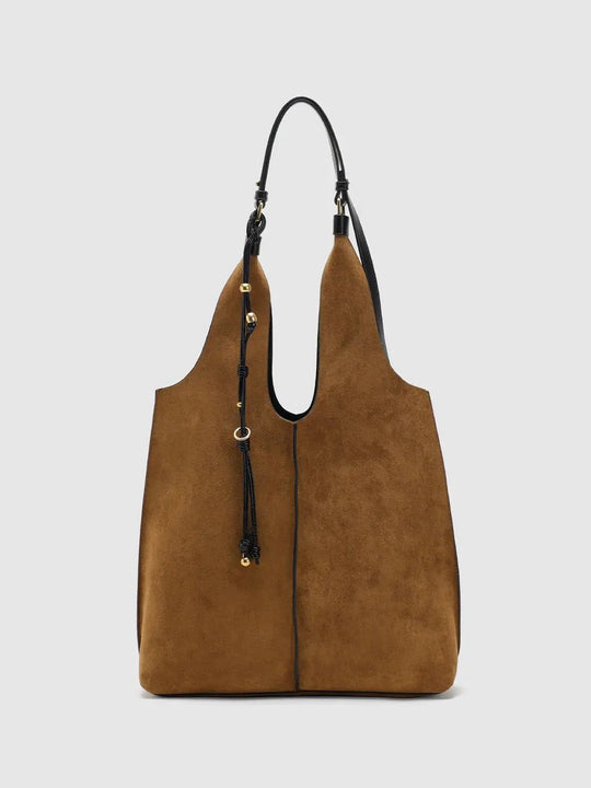 Borsa a spalla in tessuto marrone con perline, frange e tracolla nera
